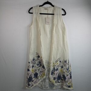 Francesca Bettini Made in Italy Linen Long Vest Duster – Floral Fringe One Size
